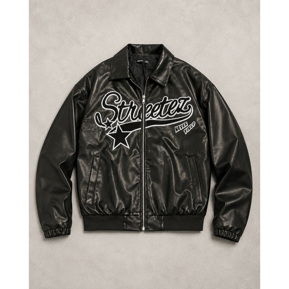 MANFINITY Streeter Faux Leather Jacket Mens M Black Embroidered Streetwear